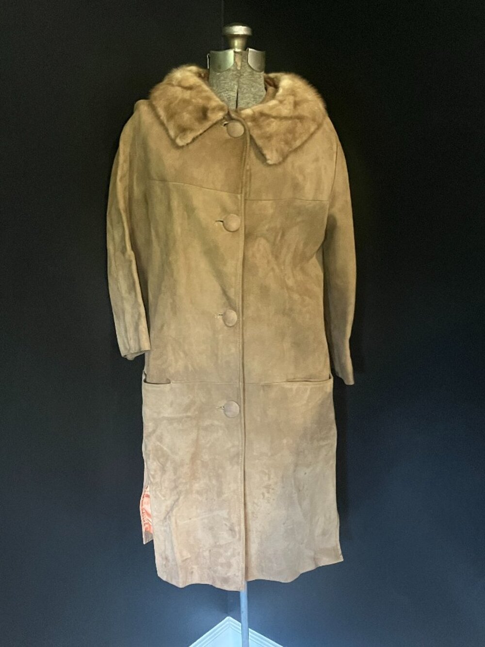 Vintage 1960s Genuine Suede Leather Coat with Fur Collar size 12